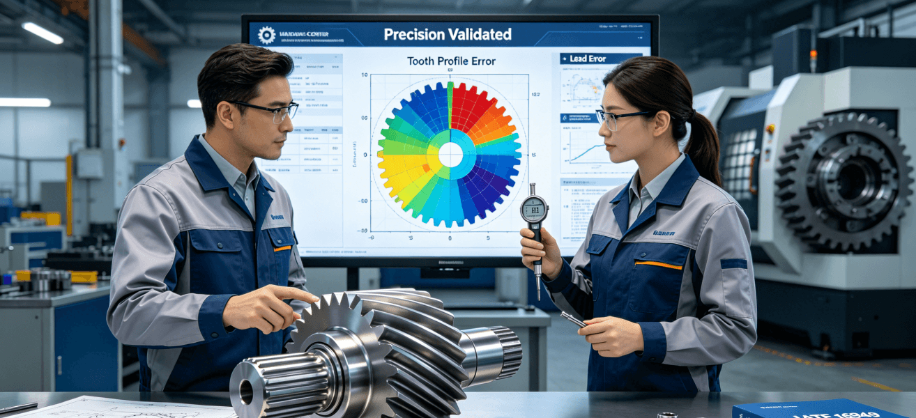 Engineer and quality inspector reviewing precision gear manufacturing with CMM and gear measuring center data at LS Manufacturing facility, showcasing engineering collaboration and quality validation.